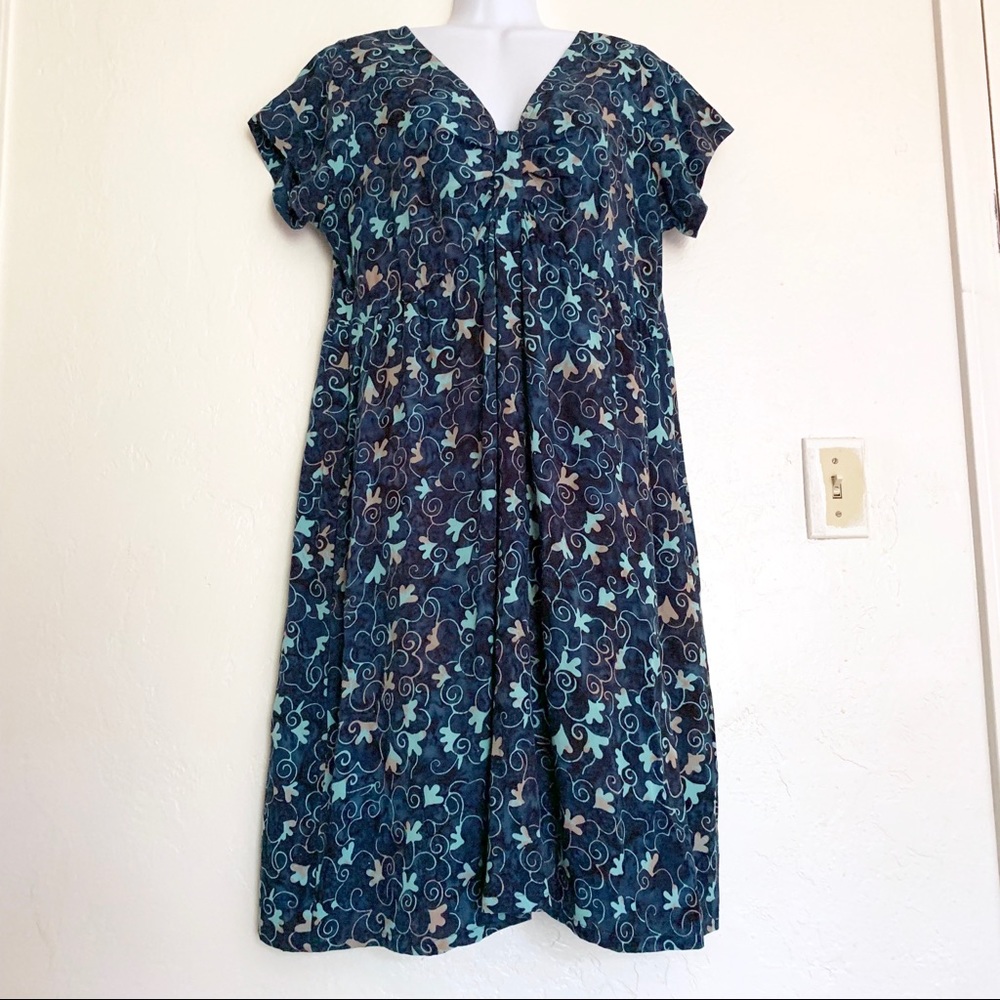 Blue Pink Floral Rayon Short Sleeve Flare Dress